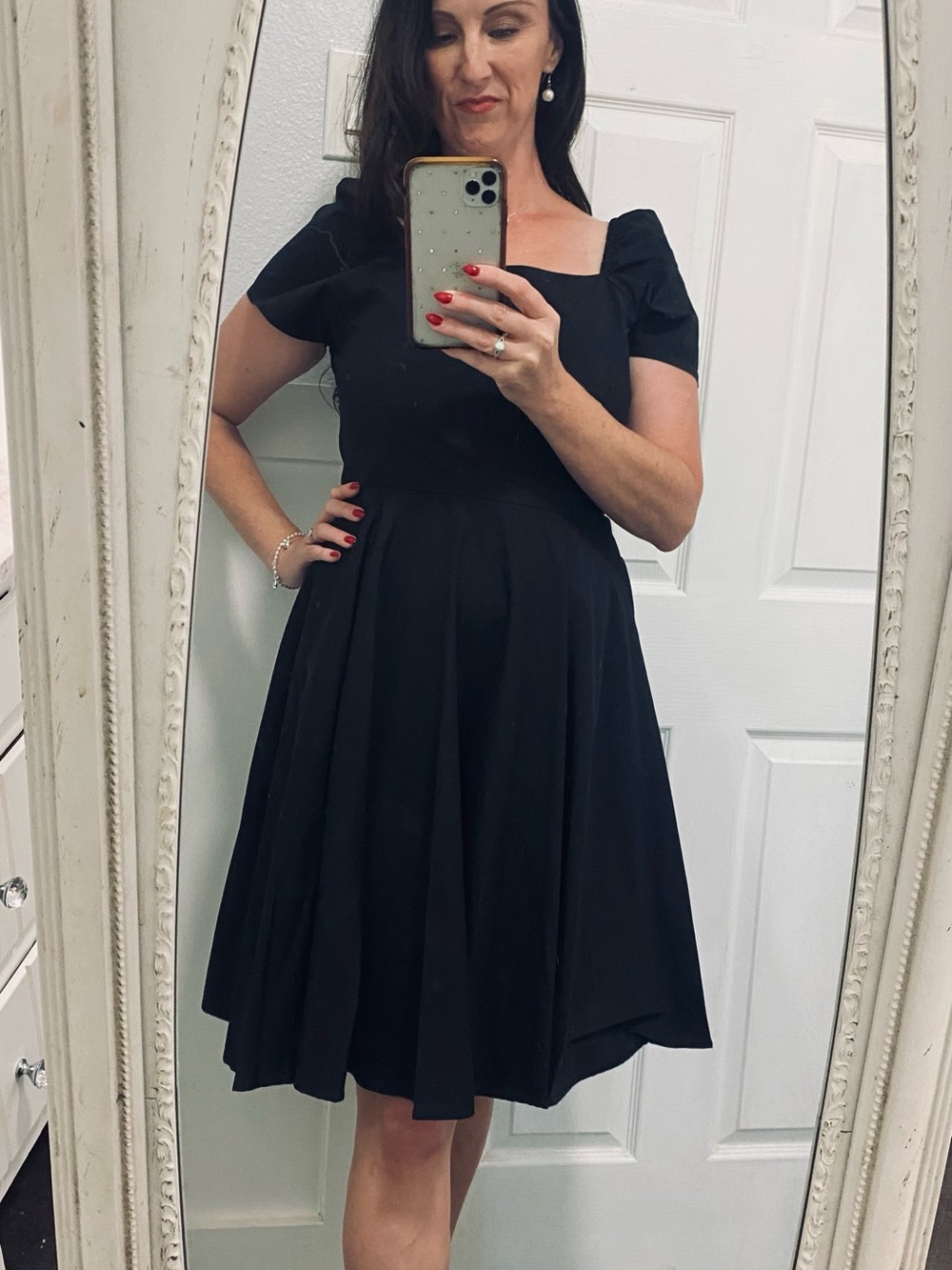 Elegant Black Square-Neck Dress with Puff Sleeves | Medium sz 6 | Audrey Hepburn